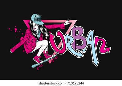 Stylish skater in jeans and sneakers. Skateboard. Vector illustration for a postcard or a poster, print for clothes. Street cultures.