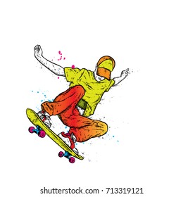 Stylish skater in jeans and sneakers. Skateboard. Vector illustration for a postcard or a poster, print for clothes. Street cultures.