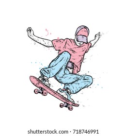 Stylish skater in jeans and sneakers. Skateboard. Vector illustration for a postcard or a poster, print for clothes. Street cultures.