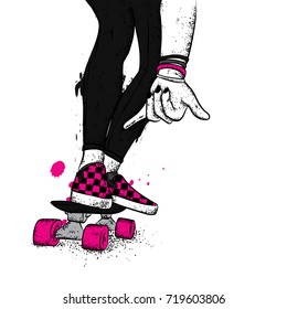 Stylish skater in jeans and sneakers. Skateboard. Vector illustration for a postcard or a poster, print for clothes. Street cultures.