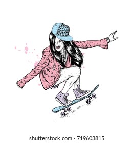Stylish skater in jeans and sneakers. Skateboard. Vector illustration for a postcard or a poster, print for clothes. Street cultures.