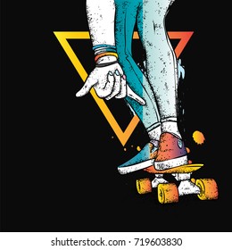 Stylish skater in jeans and sneakers. Skateboard. Vector illustration for a postcard or a poster, print for clothes. Street cultures.