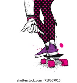 Stylish skater in jeans and sneakers. Skateboard. Vector illustration for a postcard or a poster, print for clothes. Street cultures.