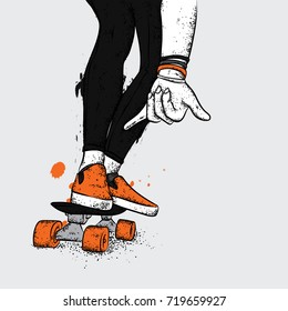 Stylish skater in jeans and sneakers. Skateboard. Vector illustration for a postcard or a poster, print for clothes. Street cultures.