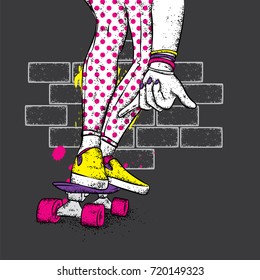 Stylish skater in jeans and sneakers. Skateboard. Vector illustration for a postcard or a poster, print for clothes. Street cultures.