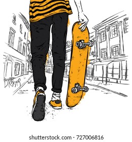 Stylish skater in jeans and sneakers. Skateboard. Vector illustration for a postcard or a poster, print for clothes. Street cultures.