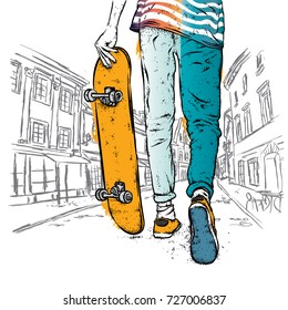 Stylish skater in jeans and sneakers. Skateboard. Vector illustration for a postcard or a poster, print for clothes. Street cultures.