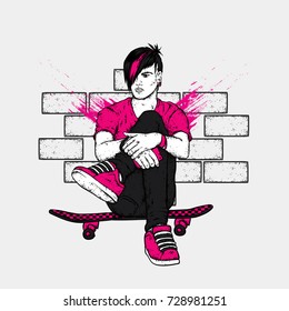 Stylish skater in jeans and sneakers. Skateboard. Vector illustration for a postcard or a poster, print for clothes. Street cultures.