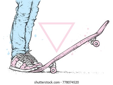 Stylish skater in jeans and sneakers. Skateboard. Vector illustration for a postcard or a poster, print for clothes. Street cultures.
