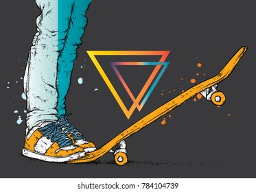 Stylish skater in jeans and sneakers. Skateboard. Vector illustration for a postcard or a poster, print for clothes. Street cultures.