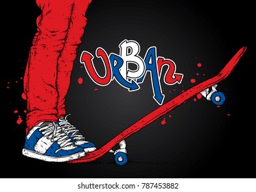 Stylish skater in jeans and sneakers. Skateboard. Vector illustration for a postcard or a poster, print for clothes. Street cultures.