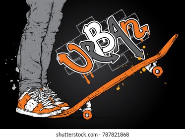 Stylish skater in jeans and sneakers. Skateboard. Vector illustration for a postcard or a poster, print for clothes. Street cultures.