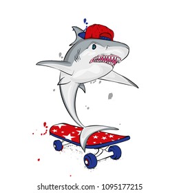 Stylish skater shark in cap. Skateboard. Vector illustration for a postcard or a poster, print for clothes. Street cultures. Sea, ocean and fish.