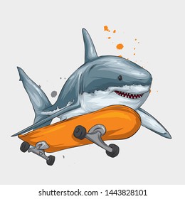 Stylish skater shark in cap. Skateboard. Vector illustration for a postcard or a poster, print for clothes. Street cultures. Sea, ocean and fish.