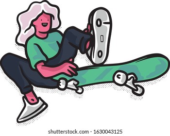 Stylish skater in sneakers. Skateboard. Vector illustration for a postcard or a poster, print for clothes. Street cultures.