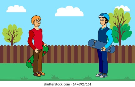 Stylish skaters holding a skateboard in his hands on nature background.  Vector graphic illustration for street cultures.
