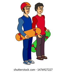Stylish skaters holding a skateboard in his hands. Color vector graphic illustration on white background. Street cultures.