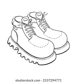 A Stylish Sketch Featuring a Unique LaceUp Boot Design with a Distinctive Wavy Sole. Vector sketch illustration. Tourism