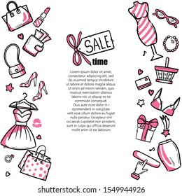 Stylish sketch women's accessories. Shopping Vector illustration for a card or poster. Print on clothes. Fashion & Style.