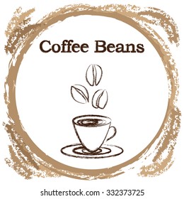 Stylish sketched design for coffee shop or cafe, vector icon or logo coffee cup with beans in circle shape 