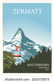 Stylish ski and travel poster. Winter view of the Matterhorn near Zermatt with a ski lift