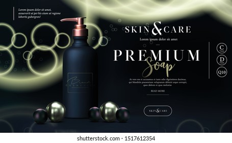 Stylish skin care cosmetics body lotion, washing gel or cleancer in black gold bottle with pump. Liquid soap packaging poster, flyer, or web banner. Mock-up promo black banner. Soap promo design