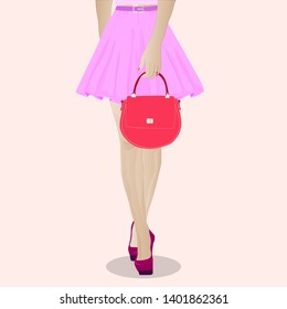 Stylish skirt, long female legs, high heels. Vector art