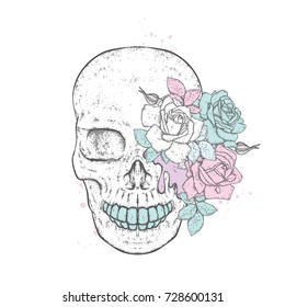 Stylish skull with beautiful roses. Fashion & Style. Vector illustration for a postcard or a poster, print for clothes.