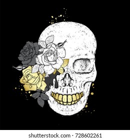 Stylish skull with beautiful roses. Fashion & Style. Vector illustration for a postcard or a poster, print for clothes.