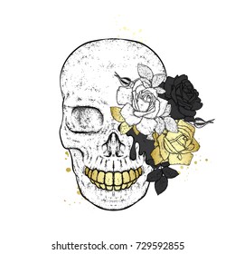 Stylish skull with beautiful roses. Fashion & Style. Vector illustration for a postcard or a poster, print for clothes.