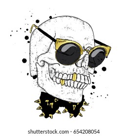 A stylish skull with glasses and a butterfly with spikes. Vector illustration for a card or poster, print on clothes. The hipster skeleton. Fashion & Style.
