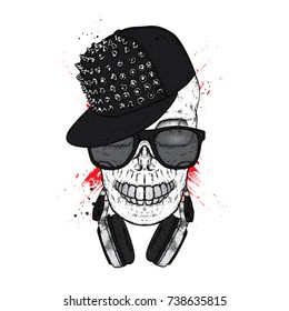 A stylish skull with glasses, a cap and headphones. A print on clothes or an illustration for a postcard and a poster. Vector drawing.