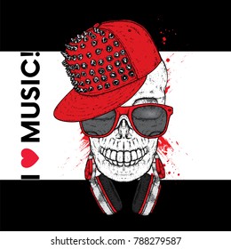 A stylish skull with glasses, a cap and headphones. A print on clothes or an illustration for a postcard and a poster. Vector drawing.