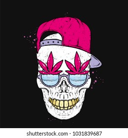 A stylish skull with glasses and cap. A print on clothes or an illustration for a postcard and a poster. Vector drawing.