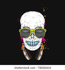 A stylish skull with glasses and headphones. A print on clothes or an illustration for a postcard and a poster. Vector drawing.