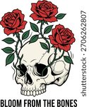 Stylish skull with rose blooms presented as a print-ready isolated tshirt sticker, ideal for edgy apparel, artistic merch, tattoo-inspired projects, and decorative graphic design use.
