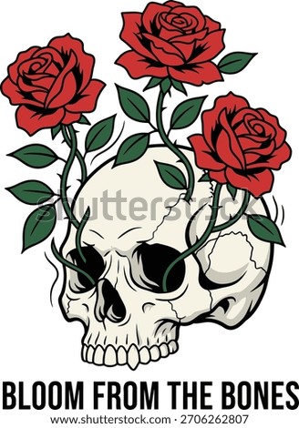 Stylish skull with rose blooms presented as a print-ready isolated tshirt sticker, ideal for edgy apparel, artistic merch, tattoo-inspired projects, and decorative graphic design use.
