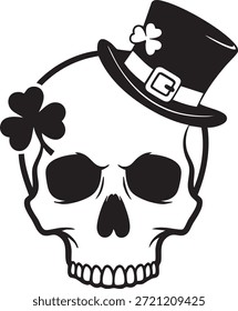 Crânio elegante no chapéu de Dia de São Patrício com trevos no branco