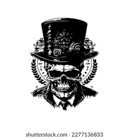 A stylish skull wearing a vintage steampunk hat, Hand drawn with intricate line art details, perfect for creative designs and merchandise