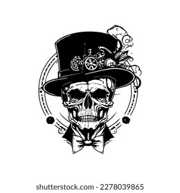 A stylish skull wearing a vintage steampunk hat, Hand drawn with intricate line art details, perfect for creative designs and merchandise