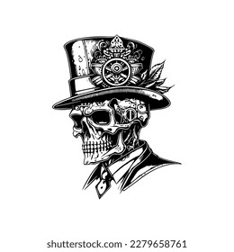 A stylish skull wearing a vintage steampunk hat, Hand drawn with intricate line art details, perfect for creative designs and merchandise