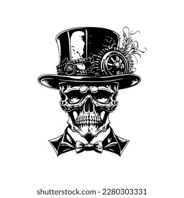 A stylish skull wearing a vintage steampunk hat, Hand drawn with intricate line art details, perfect for creative designs and merchandise