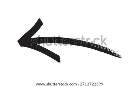 Stylish, slightly curved brush stroke vector arrow pointing left, featuring a rough, painted texture at the tail end. Perfect for navigation and design accents.
