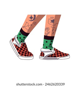 Stylish slip on sneakers on legs with tattoos. Fashion textile boots in sport style. Modern urban checkered shoes on feet with bright socks. Flat isolated vector illustration on white background