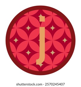 Stylish small letter j icon with floral pattern in bold red and gold tones