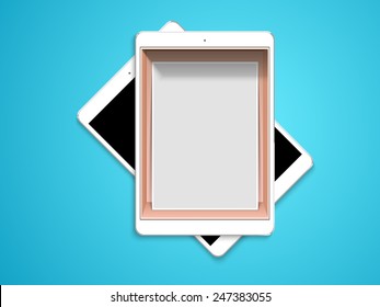 Stylish smart device tablet screen presentation in two ways on sky blue background.