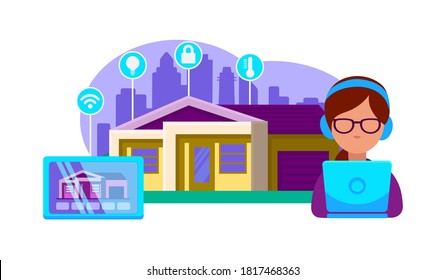 stylish smart girl in glasses sits at a laptop and remotely controls the smart home system, which is displayed on the tablet, infographic of the comfort control application, eps 10, flat icon for web 