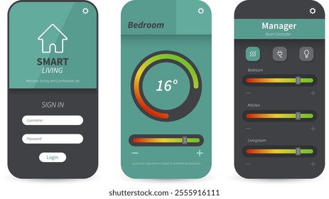 A stylish smart home mobile application interface designed to manage room settings with temperature control, light adjustments, and other smart features