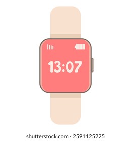 Stylish smart watch with pink screen on light colored strap. Vector drawing modern stylish watch. Square pink screen with white numbers. Gift to a friend, girlfriend, birthday, holiday, wedding