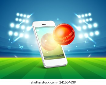 Stylish Smartphone Video Screen Showing Red Cricket Ball In Stadium Light.